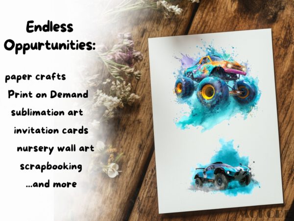 Cool Offroads Clipart 25 Png, Racing Monstertruck Color Splash Tshirt Design Clipart, POD Boys T shirt Graphics Watercolor, Commercial Use - Image 7