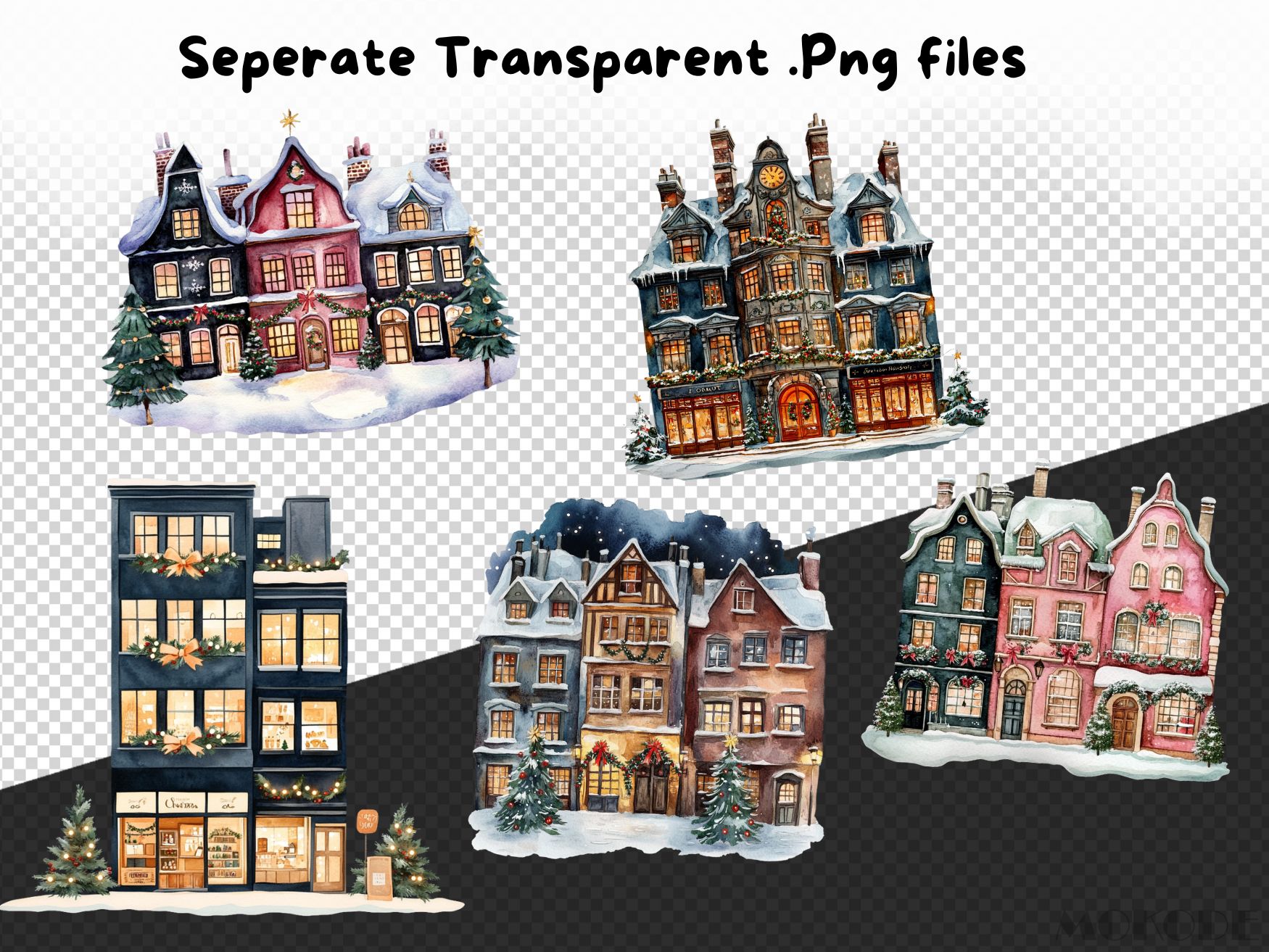 Watercolor Christmas City Clipart 31 Png, Festive Spirit, Winter House Landscape, Snowy Village Building Commercial Use, Digital Download - Image 7