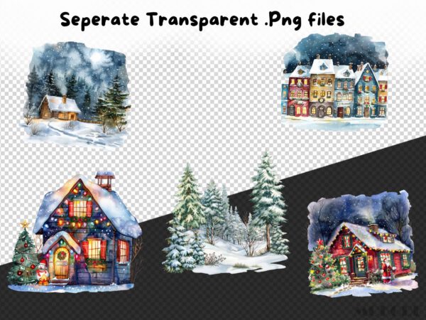 Watercolor Christmas Landscapes Clipart 30 Png, Festive Spirit, Winter Landscape, Snowy Village, Pine Tree, Commercial Use, Digital Download - Image 7