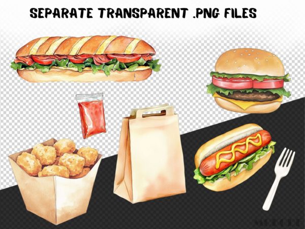 Watercolor Fast Food Clipart 22 Png, Cute Hot Dog, Kids Illustration, Junk Food, Burger and Fries Clipart Digital Prints, Commercial Use - Image 8