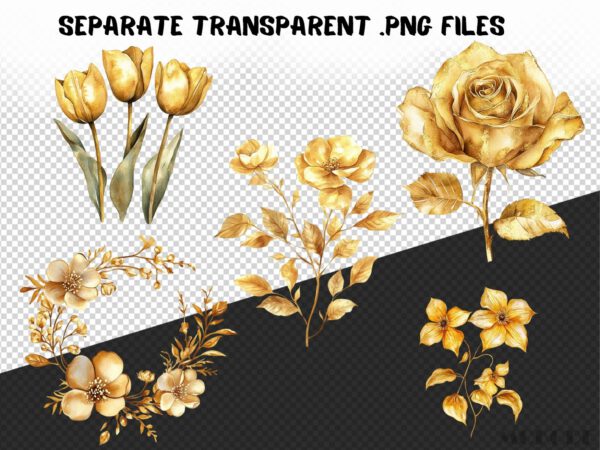 Golden Flowers Clipart, 35 Metallic Floral Graphics, Golden Roses Png, Floral Overlays Crafting Material, Scrapbooking Art Invitations - Image 8