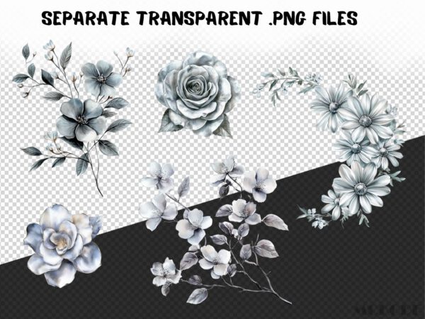 Silver Flowers Clipart, 32 Metallic Floral Graphics, Silvery Roses Png, Floral Overlays Crafting Material, Scrapbooking Art Invitations - Image 7