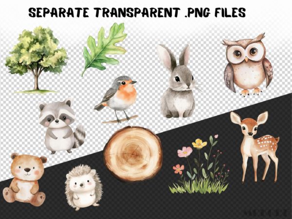 Cute Woodland Clipart 61 Png, Watercolor Forest Animals Nursery, Digital Download, Bunny, Fox, Racoon, Deer png, Commercial Use, Pine Tree - Image 8