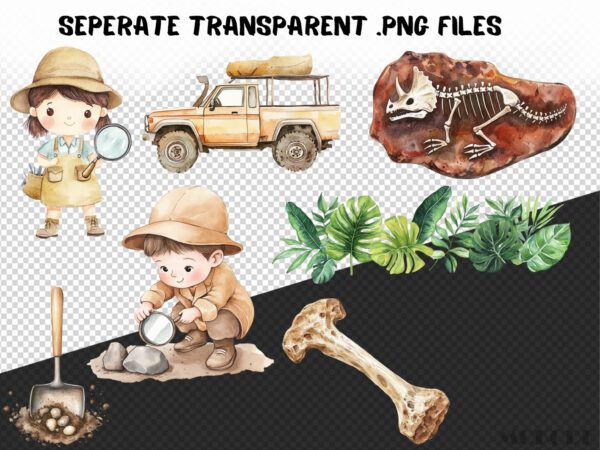 Watercolor Fossil Explorers Clipart 55 Png Cute Nursery Dino Bones Peleontology Clipart, Fossilized Stone, T-rex Dinosaur Instant Download - Image 8
