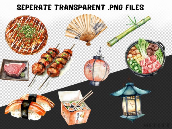 Watercolor Japanese Food Clipart 60 Png, Asian Kitchen Graphics, Sushi Japanese Food Traditional and Trend. Digital Prints, Commercial Use - Image 8