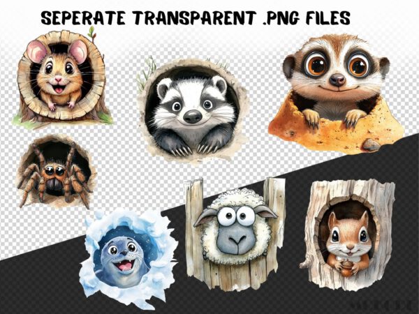 Funny Animals in Hole Clipart 41 Png, Cute Caricature Pets, Peeking Dog Watercolor, Quirky Monkey Cartoon, Digital Prints, Sticker Scrapbook - Image 8