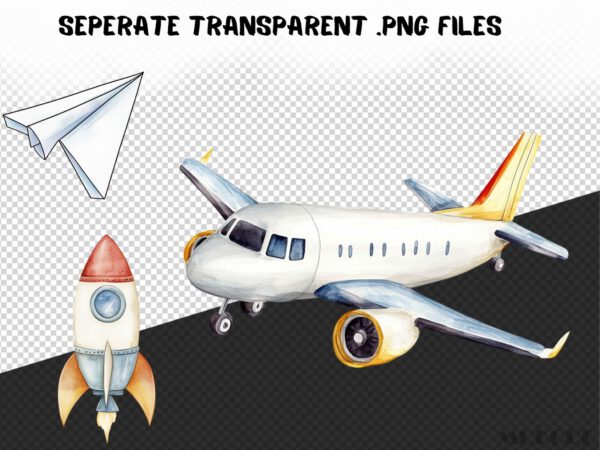 Flying Vehicles Watercolor Clipart 25 Png, Airplane Graphics, Hot Air Balloon Nursery Art, Cute Helicopter, Instant Download Digital - Image 8