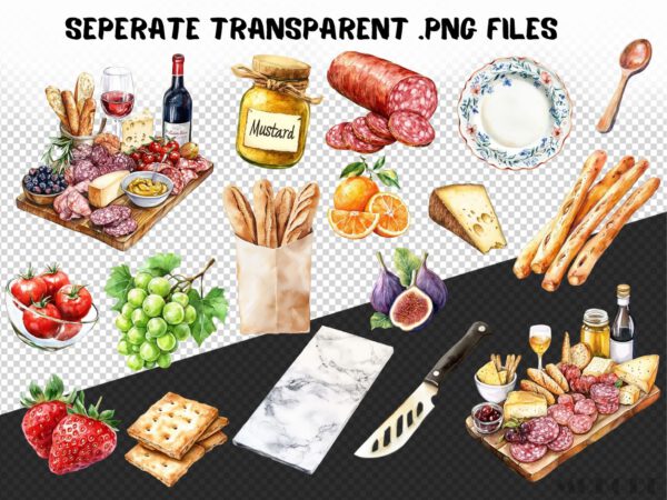 Watercolor Charcuterie Clipart 82 Png, French Cuisine Graphics, France Meat Food Picnic, Cheese, Baguette, Digital Prints, Commercial Use - Image 8