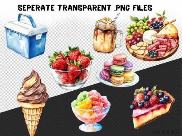 Watercolor Summer Food Clipart 51 Png, Ice Cream Illustration, Coconut Fruits Watermelon, BBQ Party Pizza Digital Prints, Commercial Use - Image 8
