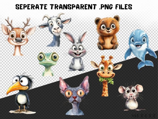 Funny Animals Clipart 28 Png, Cute Caricature Pets, Cat Watercolor, Funny Raccoon, Cartoon Animals, Digital Prints, Sticker Scrapbooking - Image 8