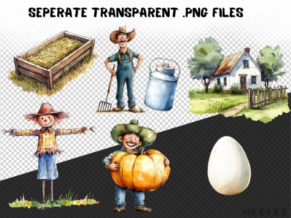 Funny Farm Clipart 85 Png, Funny Cartoon Farmer Watercolor Barn, Fresh Produce, Cartoon Animals, Digital Prints, Quirky Cow, Silly Chicken - Image 8
