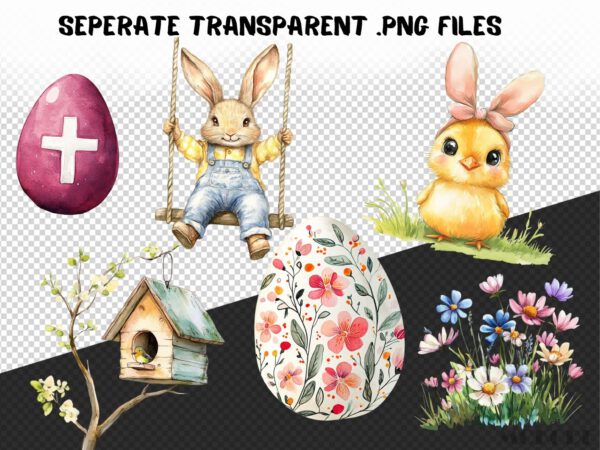Easter Spring Clipart 58 Png, Cute Caricature Easter Egg, Quirky Rabbit Watercolor, Cartoon Bunny, Cross Digital Prints Commercial Use - Image 8
