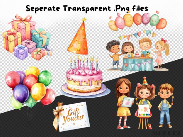 Watercolor Kids Birthday Party Clipart 62 Png, Cartoon Birthday Balloon Invitation Illustration, Gifts, Digital Prints, Instant Download - Image 8