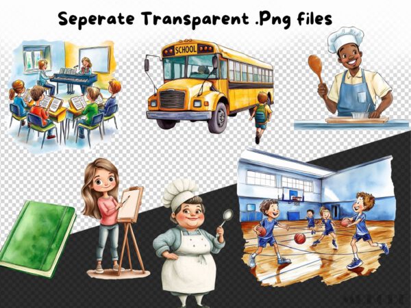 Cartoon School Watercolor Clipart 73 Png, Funny Elementary School Kids, Teacher Digital Prints, Schoolbus, Instant Download, Scrapbooking - Image 8