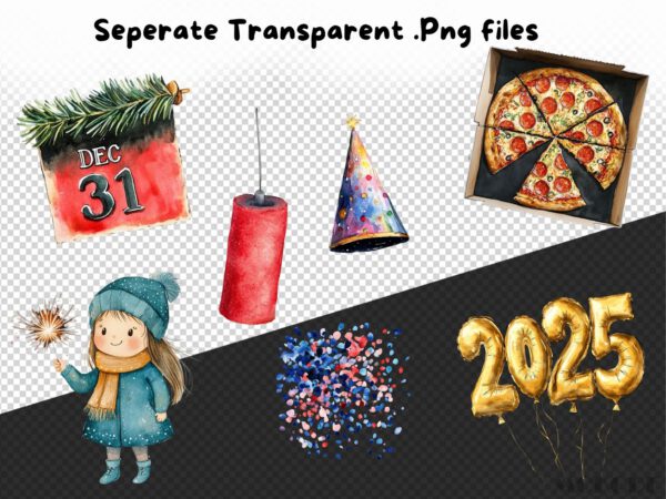 Watercolor Cute New Years' Eve 2025 Clipart 43 Celebration Png Happy New Years Fireworks, Kids Sparkler, Scrapbooking, Digital Holiday - Image 8