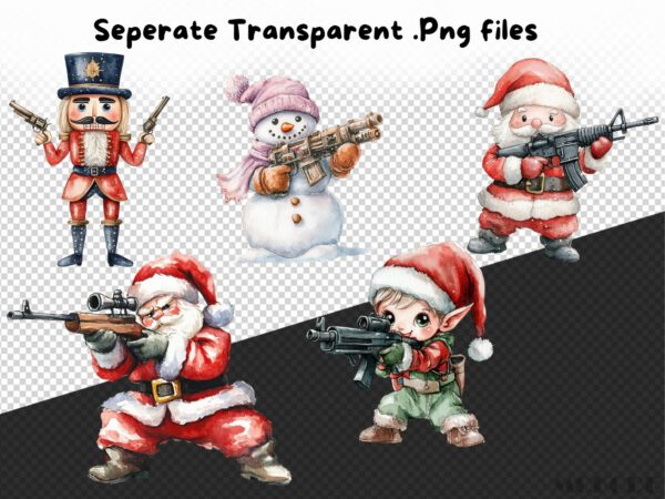Watercolor Funny Christmas Army Clipart 21 Png, Santa Claus with Guns, Festive Military, Silly Santa with Rifle, Digital Prints Scrapbook - Image 8