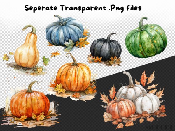 Watercolor Autumn Pumpkin Clipart 35 Png, Halloween Pumpkins Fall Theme, Fall Leaves, Black Pumpkin Art,  Digital Download Commercial Use - Image 8
