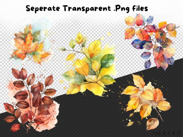 Watercolor Autumn Leaves Clipart 36 Png, Fall Leaves Season Graphics, Autumn Crafting, Card Making, Mixed Media Fall Forest, Commercial Use - Image 8