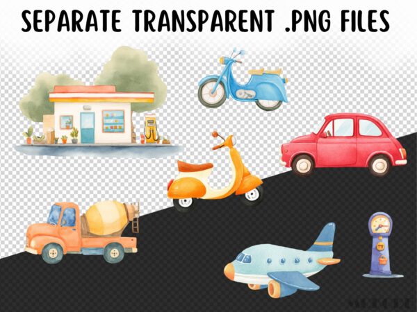 Cute Traffic Clipart 48 Png, Watercolor Cars City Illustration, Kindergarden Nursery Vehicles, Street Sign, Fire Truck Commercial Use - Image 9