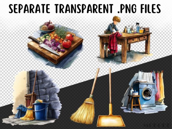 Watercolor Housekeeping Clipart 49 Png Household Chores Graphic, Laundry Basket Clipart, Hanging Clothes, Commercial Use Instant Download - Image 9