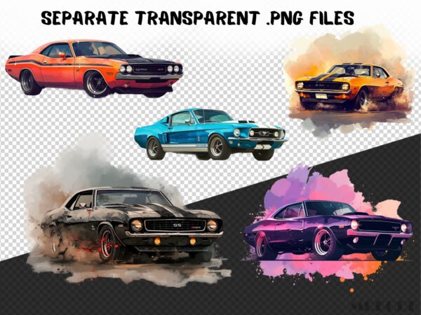 Cool Muscle Cars Watercolor Clipart 32 Png, Classic American Race Car Nursery Clipart, invitation card, Boys T shirt Graphics Commercial Use - Image 9