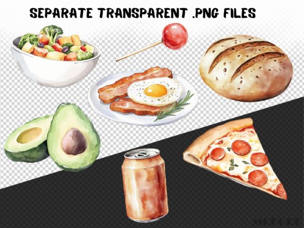 Watercolor Food Clipart 47 Png, Cute Breakfast, Kids Illustration, Junk Food, Healthy Veggies, Fruits Clipart Digital Prints, Commercial Use - Image 9