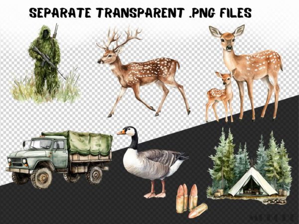 Watercolor Wildlife Hunter 96 Png Clipart Bundle, Forest Game Hunting, Deer Illustration Scrapbooking, Card Making, Woodland Commercial Use - Image 9