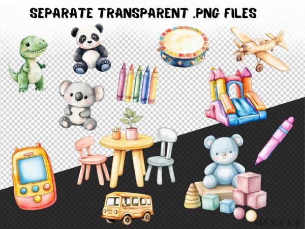 Watercolor Playroom Clipart 91 Png, Childrens Toys Cute Playtime Illustration, Kindergarden Nursery Boys and Girls Toys, Commercial Use - Image 9