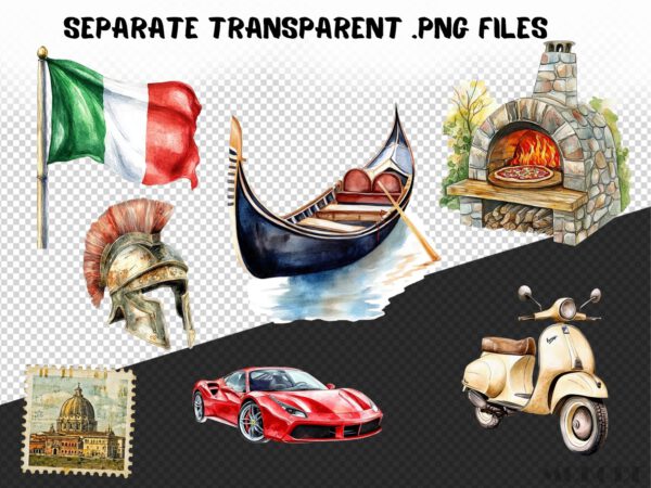 Watercolor Italy Clipart 85 Png, Italian Food Clipart, Summer Italy Trip Tradition, Rome Street, Clipart Instant Download Pizza, Colosseum - Image 9