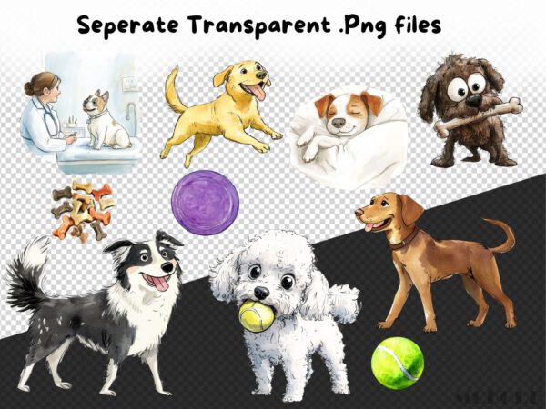 Funny Dog Life Clipart 68 Png, Cute Puppy Watercolor, Quirky Dog, Pet owner Gift, Dog Toy Cartoon, Labrador, Bulldog Digital Download Prints - Image 9