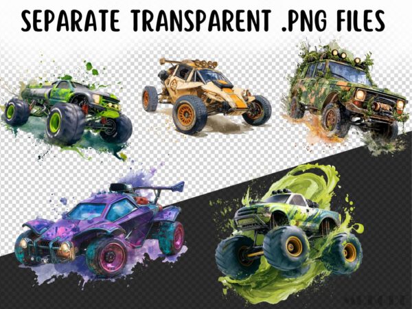 Cool Offroads Clipart 25 Png, Racing Monstertruck Color Splash Tshirt Design Clipart, POD Boys T shirt Graphics Watercolor, Commercial Use - Image 9